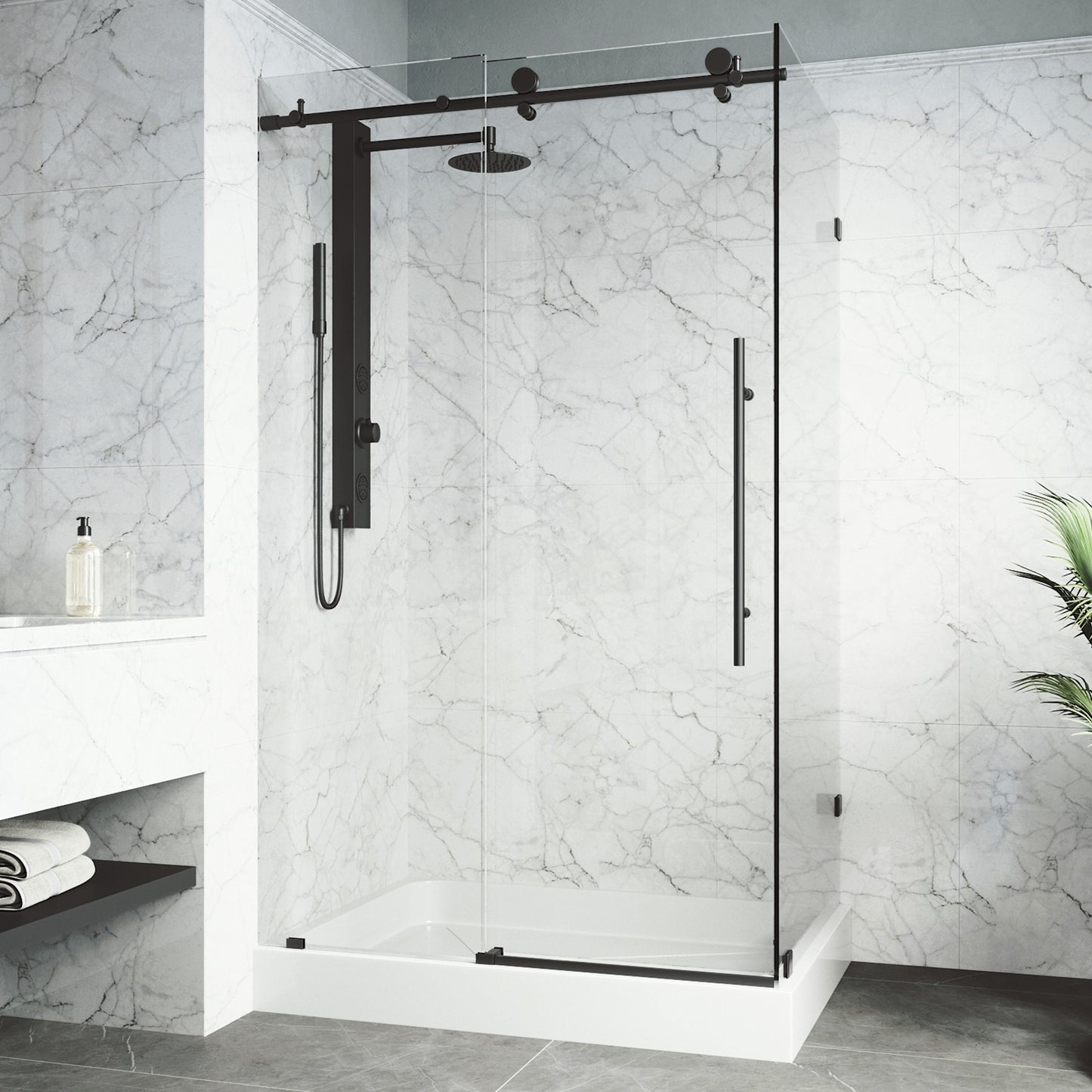 VIGO Elan E-Class Frameless Sliding Shower Enclosure, Matte Black, 36" D X 48" W X 82" H, Left Base