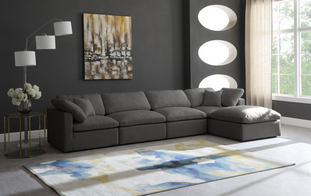 Plush Velvet / Down Standard Comfort L-Shaped Modular Sectional, Gray, 5-Piece: 2 Armless Chair, 2 Corner Chair, 1 Ottoman