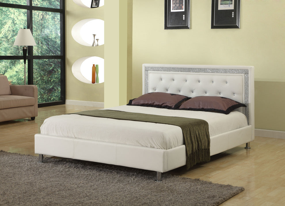 Modern Platform Bed With Crystal Tufted Buttons, White, Queen