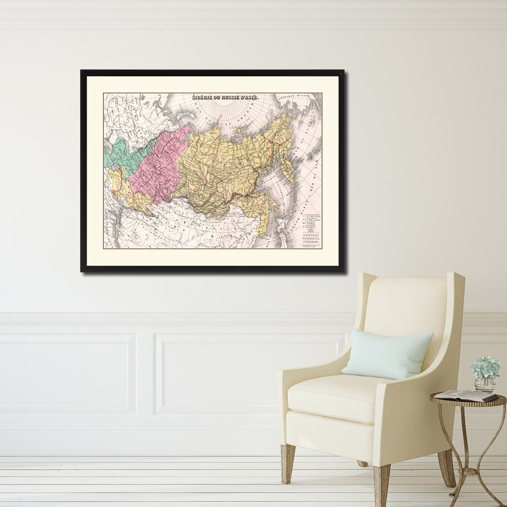Russia, Siberia Vintage Map Print On Canvas With Picture Frame 28" X 37"