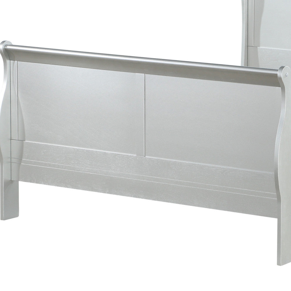 Benzara BM221305 Sleigh Design Eastern King Size Bed with Thin Legs, Silver