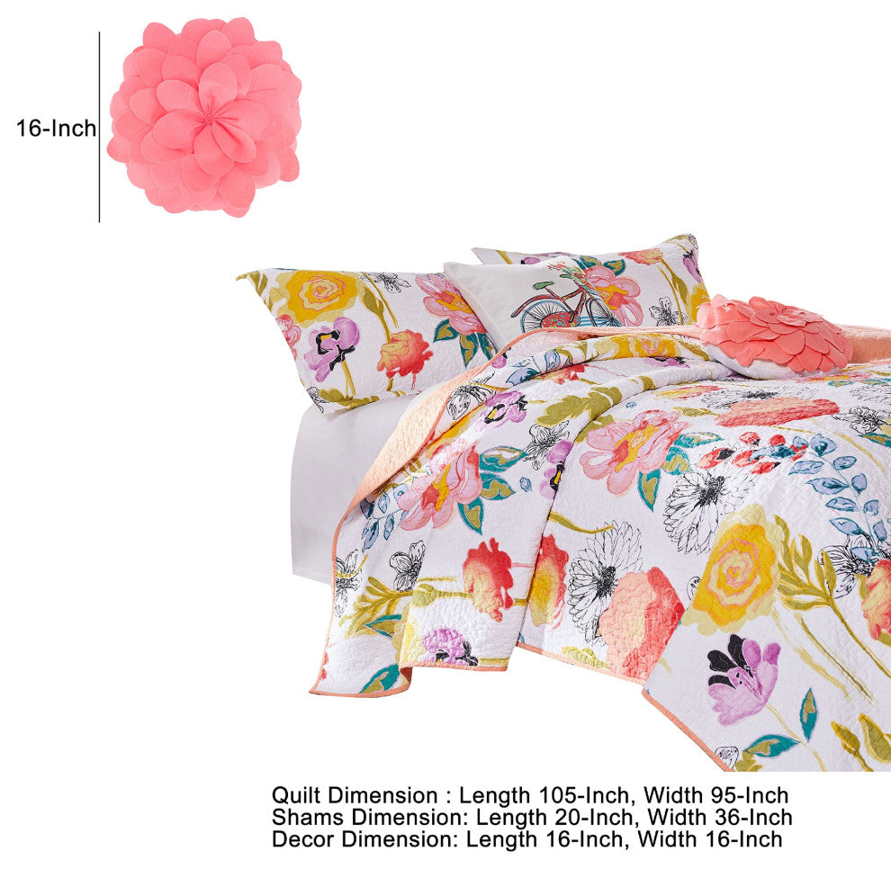 Benzara BM280419 Mavi 5 Piece Reversible King Quilt Set, Floral Print