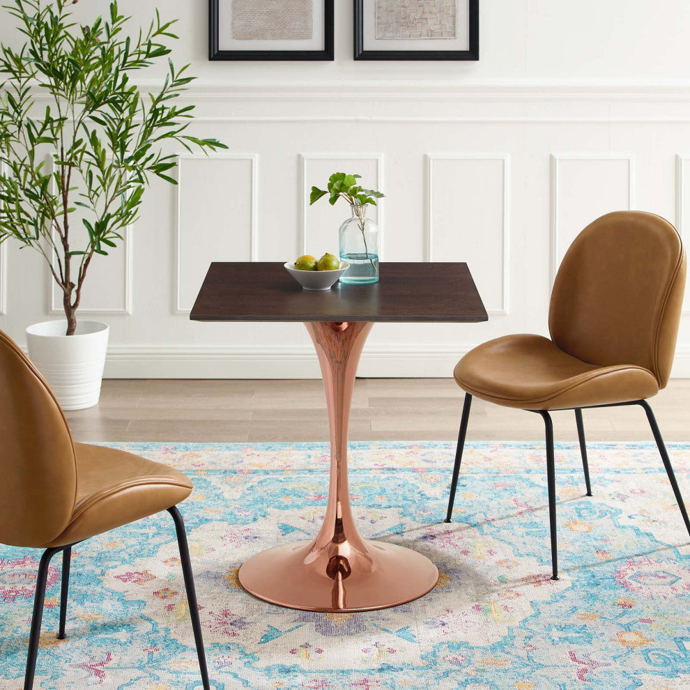 Dining Table, Square, Wood, Rose Gold Dark Brown Brown Walnut, Modern, Bistro