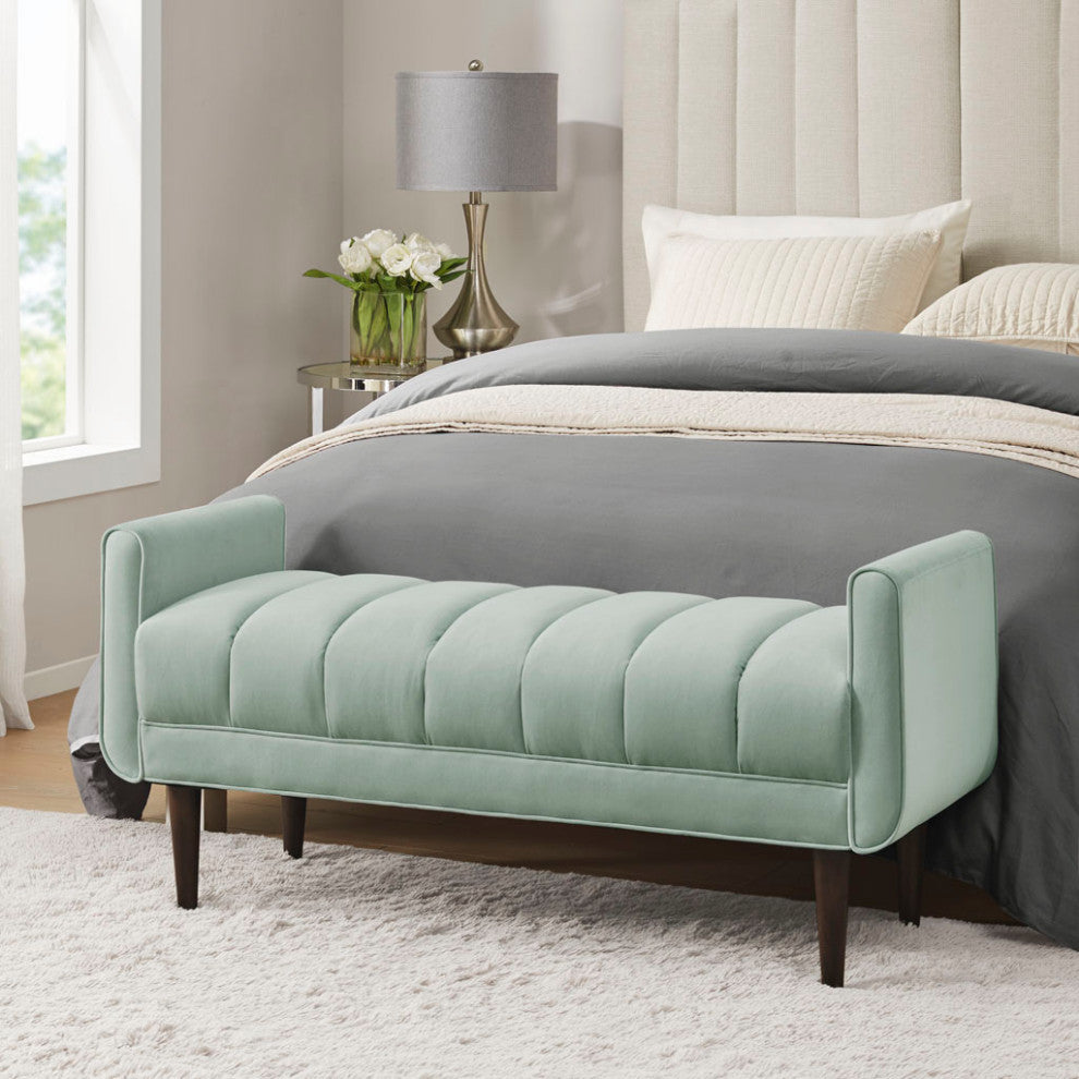 Madison Park Linea Velvet Upholstered Modern Accent Bench, Seafoam Green