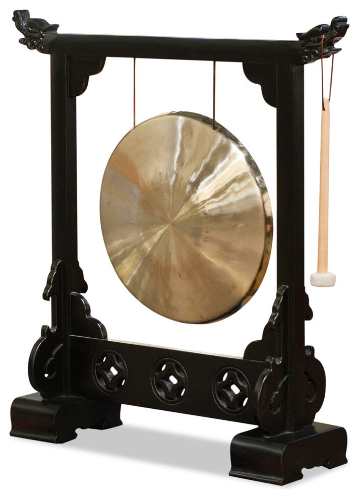 Brass Chinese Gong With Black Elmwood Dragon Frame