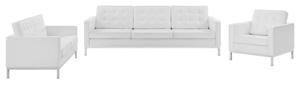 Tufted Armchair and Loveseat Sofa Set, Faux Leather, Silver White, Modern