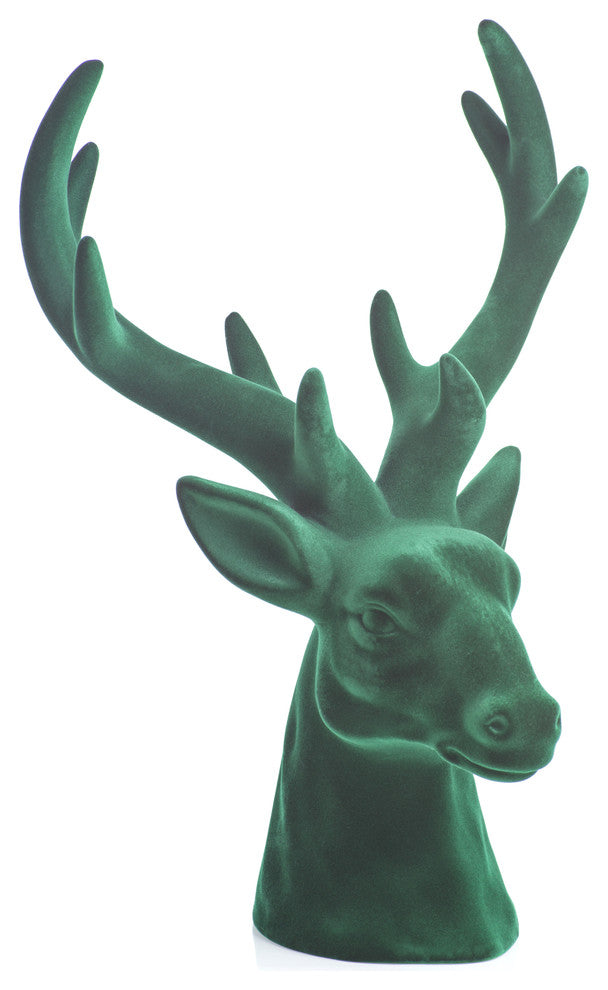 Flocked Stag Head Figurine Statue, Green