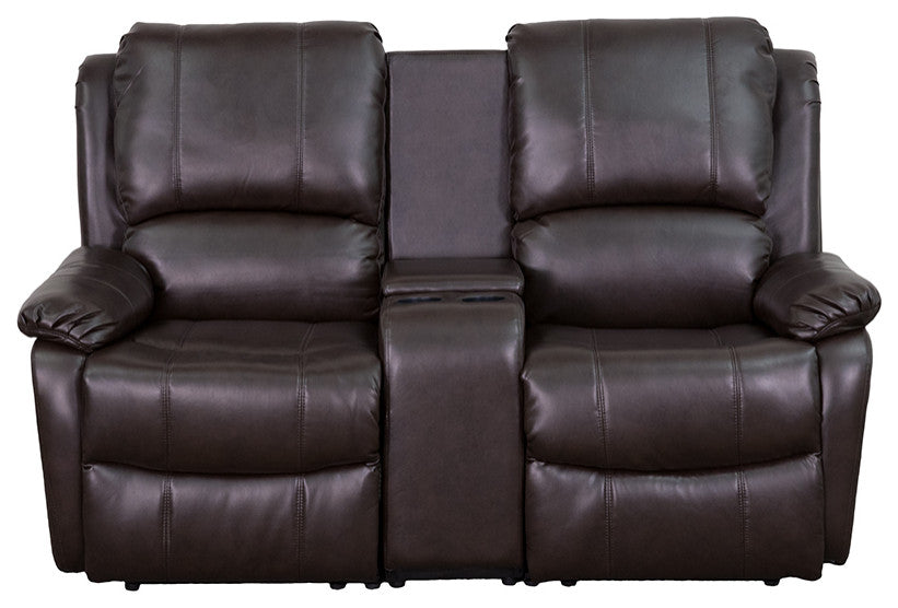 Modern 2-Seat Reclining Pillow Back Brown Leather Theater Seating