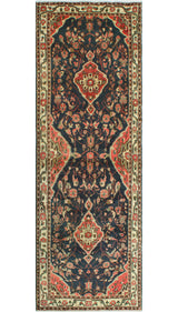 Fine Vintage Distressed Nada Navy/Rust Runner, 10'10 x 3'6