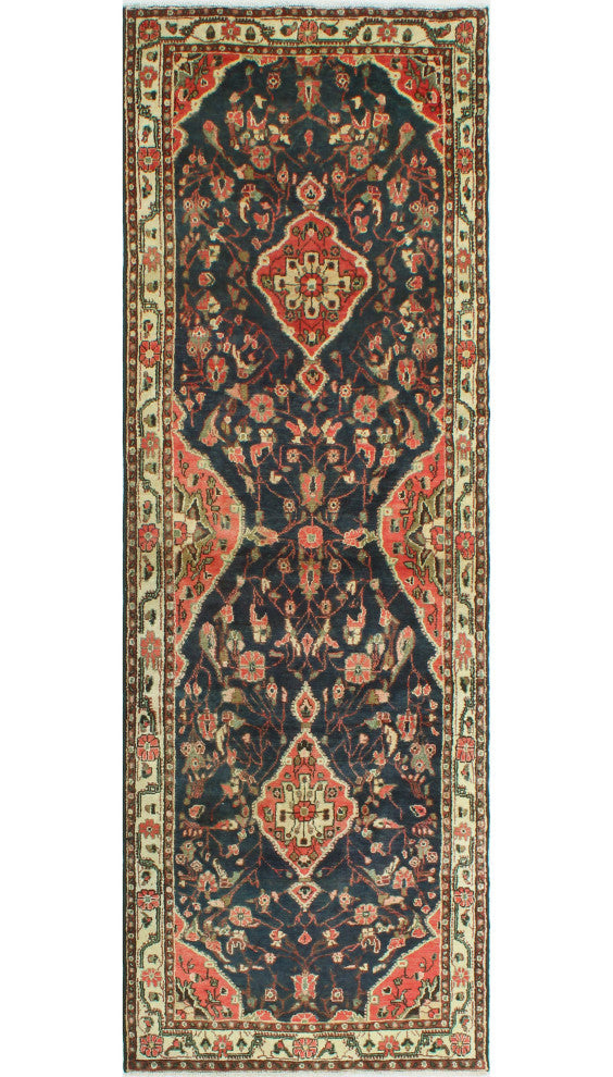 Fine Vintage Distressed Nada Navy/Rust Runner, 10'10 x 3'6
