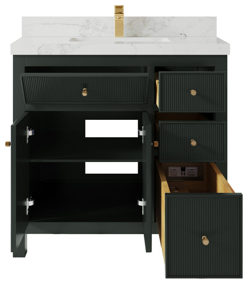 Sonoma 36 Center Sink Reeded Bath Vanity in Dark Forest Green 2" Calacatta Nuvo