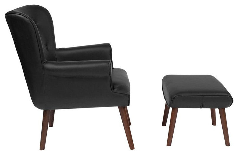 Bayton Upholstered Wingback Chair With Ottoman In Black Leather