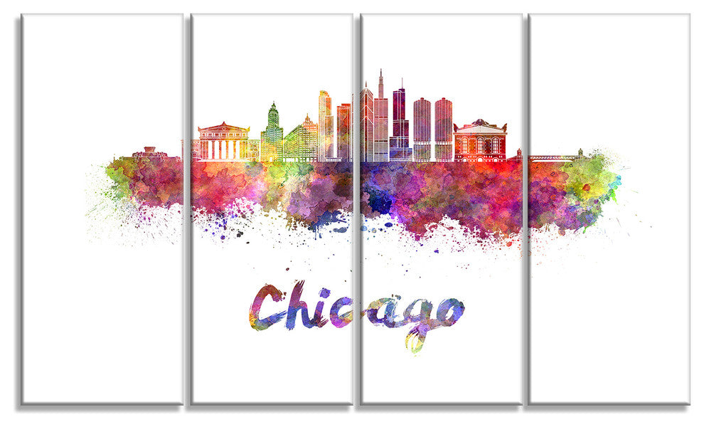 "Colorful Chicago Skyline in Watercolor" Wall Art, 48"x28", 4-Panels