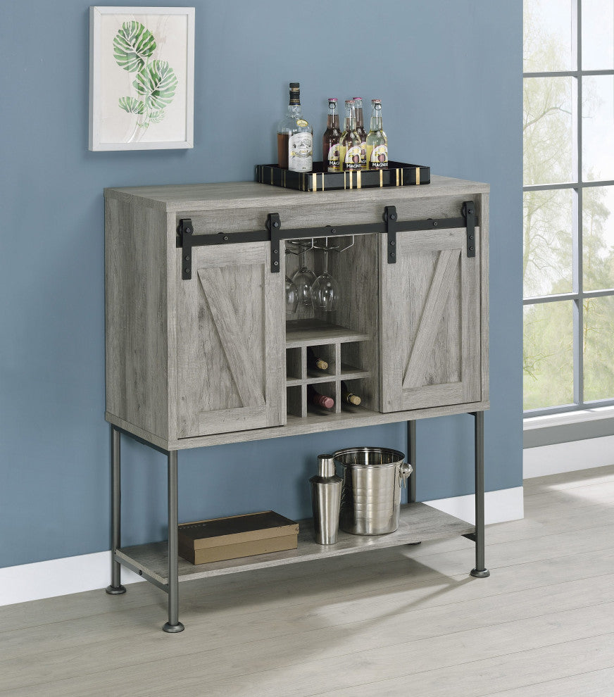 Wood Bar Cabinet with Two Doors, Gray and Gunmetal