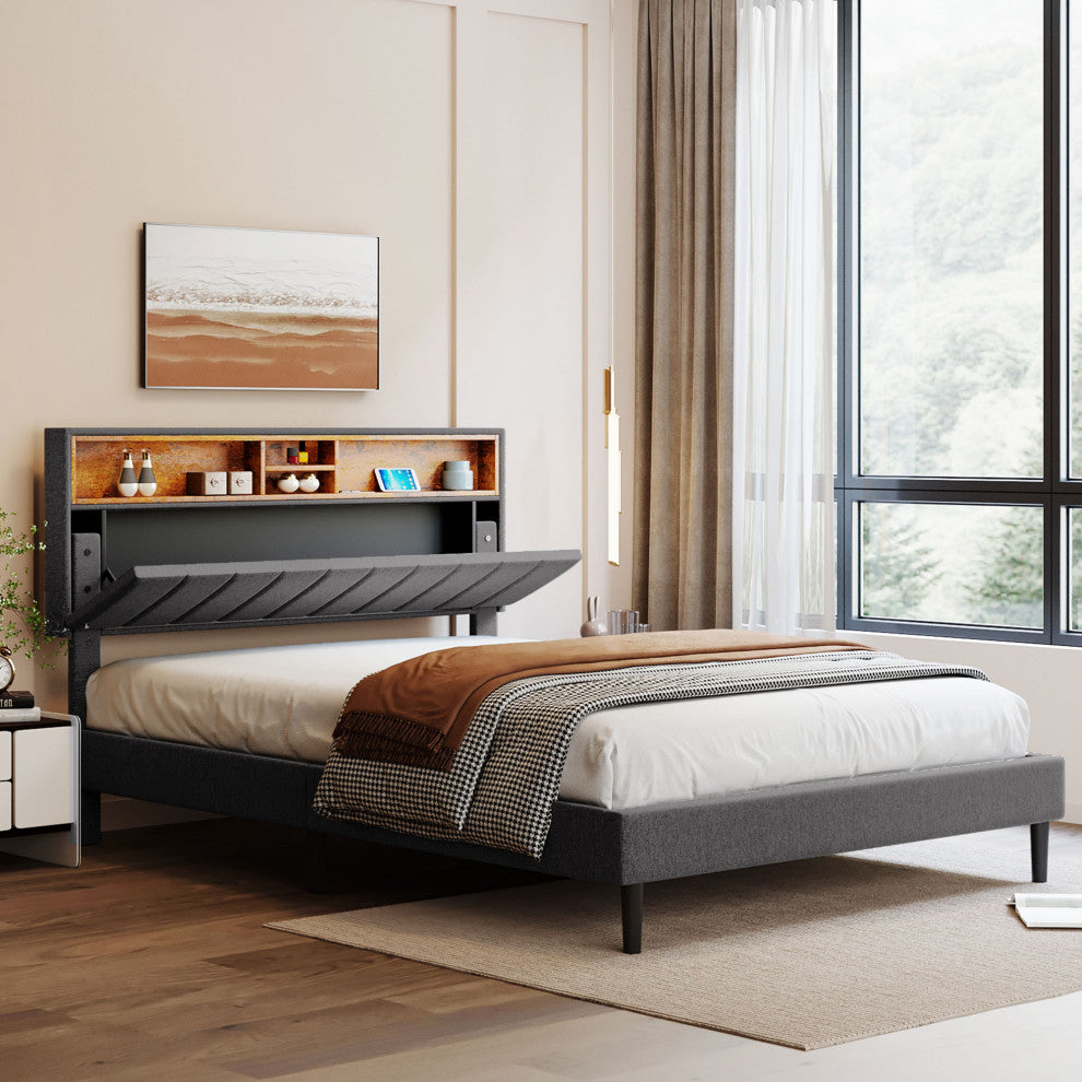 TATEUS Upholstered Platform Bed With Storage Headboard and USB Port, Gray, Queen