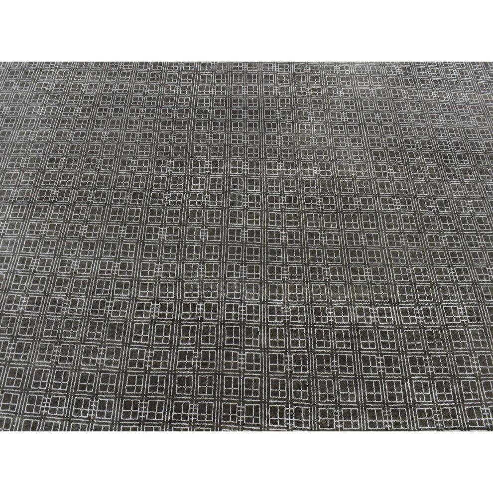 Chocolate Brown, Small Box Design, Wool and Silk, Hand Knotted, Rug, 8'1"x9'9"