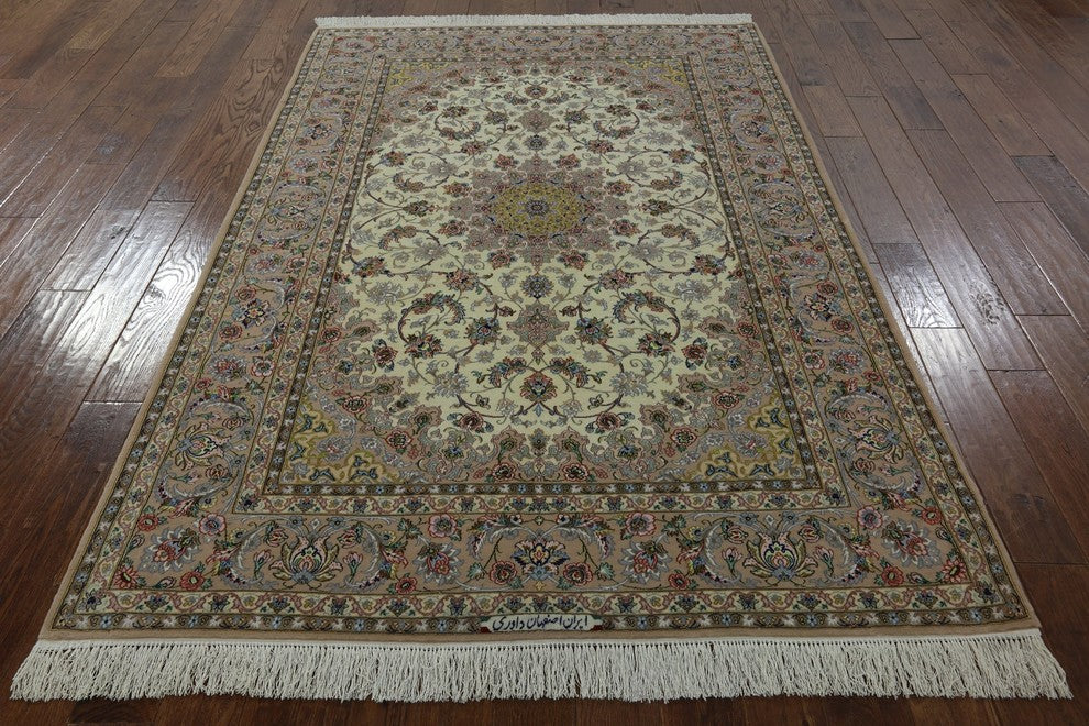 Signed Authentic Persian Isfahan Handmade Wool and Silk Rug, 5'x8'