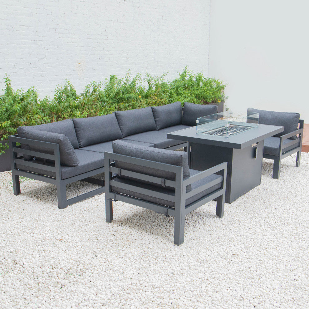LeisureMod Chelsea 7-Piece Outdoor Sectional With Fire Pit Table, Black