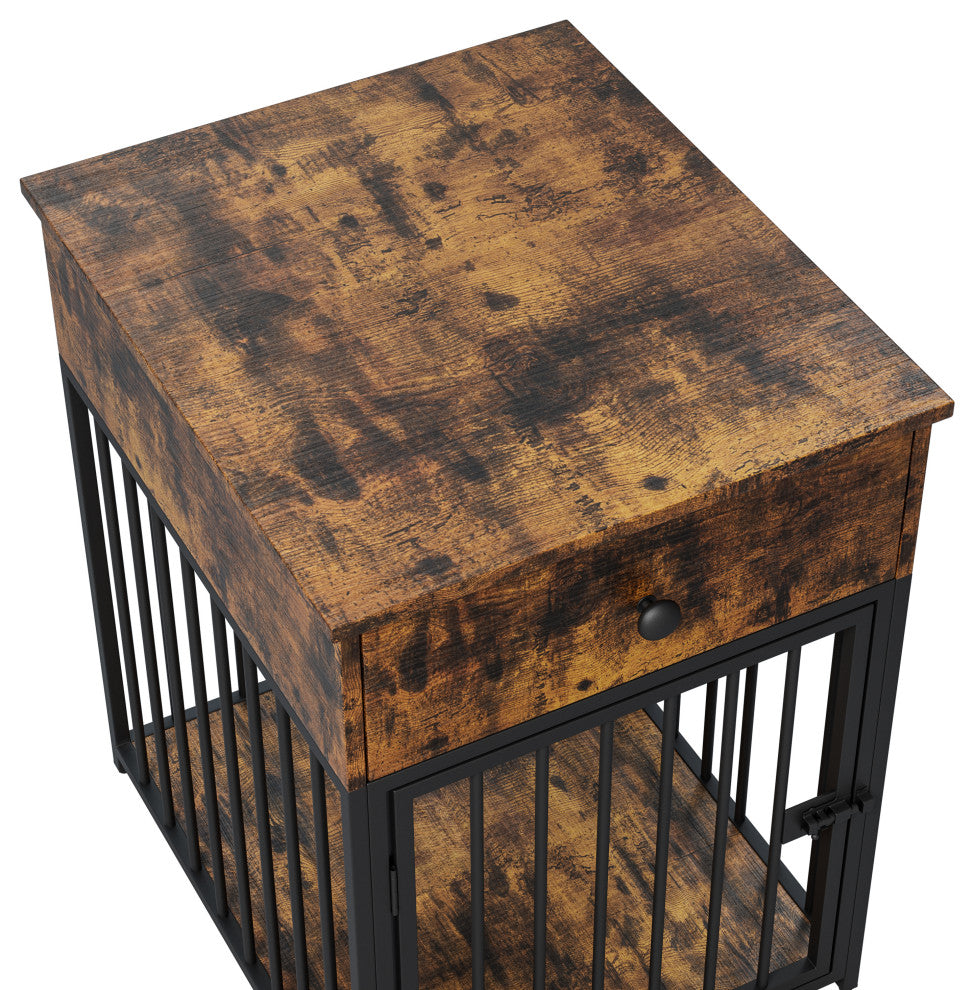 TATEUS Decorative Dog Crate with Drawer & End Table for Small Dogs, Brown
