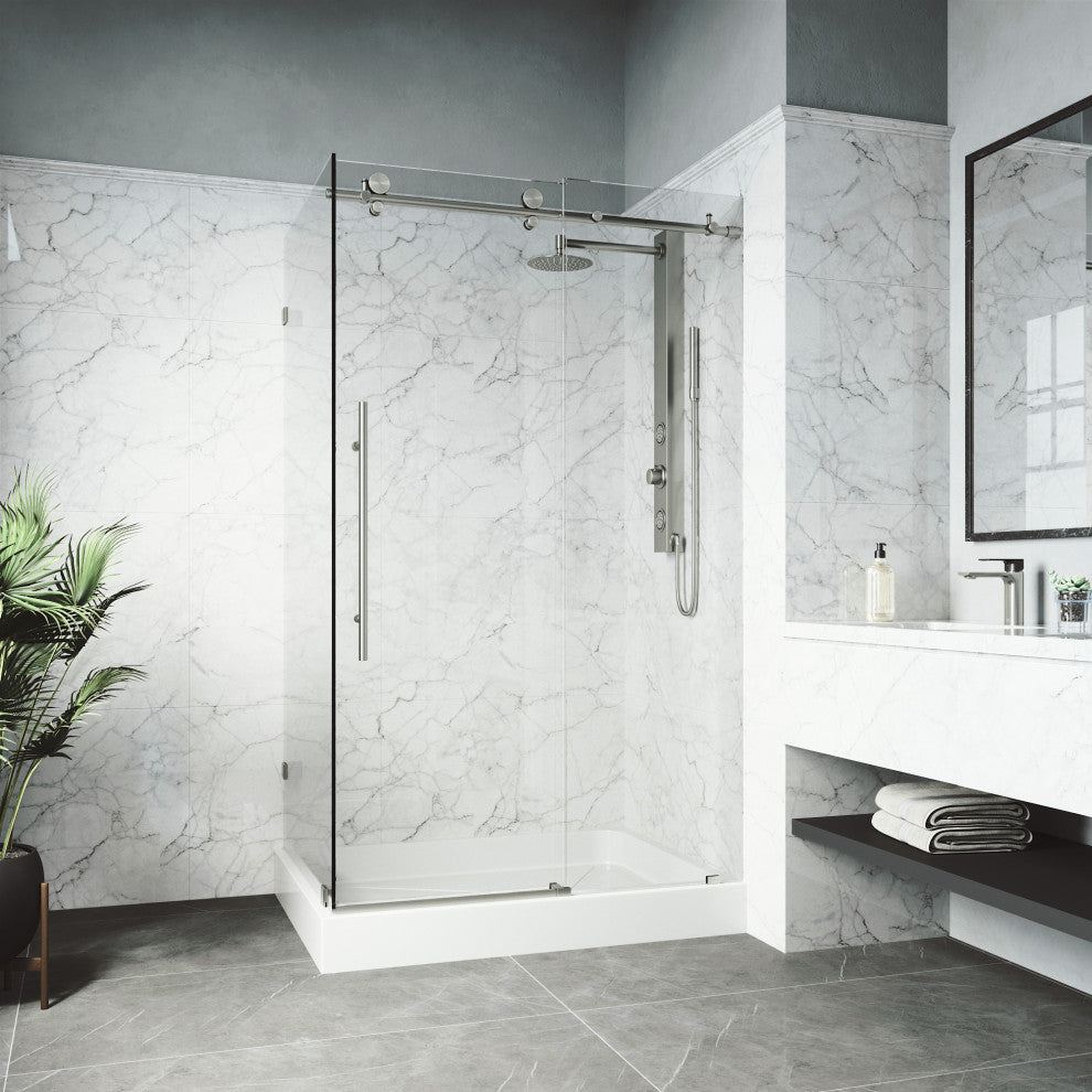 VIGO Elan E-Class Frameless Sliding Shower Enclosure, Stainless Steel, 36" D X 48" W X 82" H, Right Base