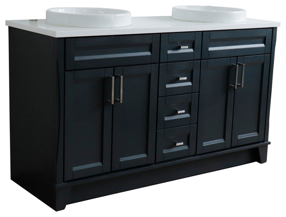 61" Double Sink Vanity, Dark Gray Finish And Engineered Stone Top And Round Sink