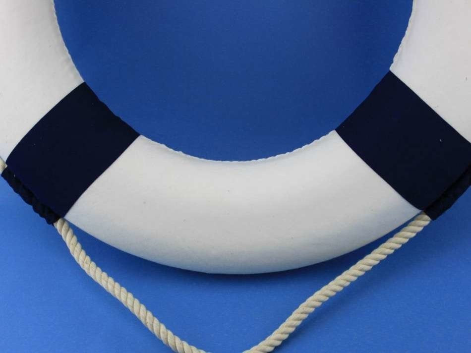 Classic Decorative Lifering, White With Blue Bands, 20"