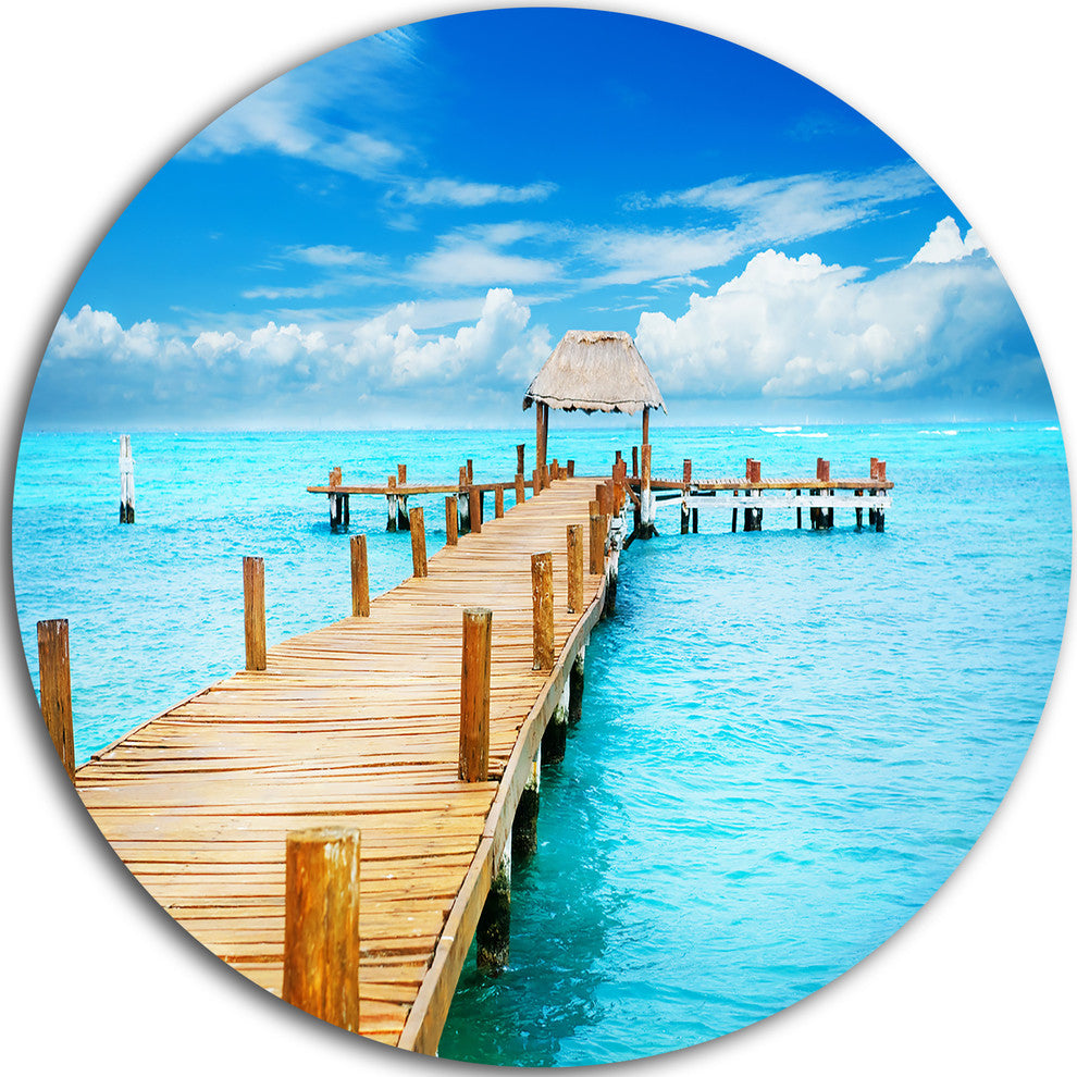 Tropic Paradise Jetty In Mexico, Seascape Photo Disc Metal Artwork, 11"