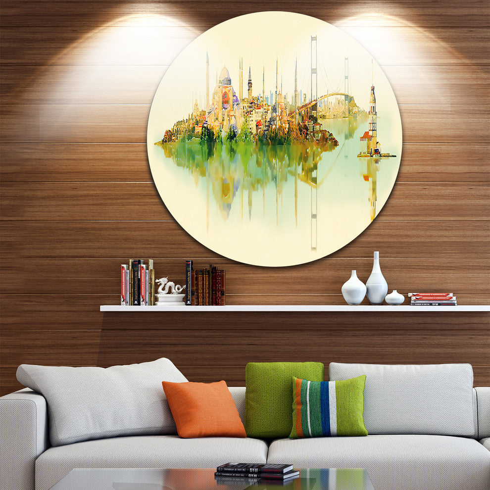 Istanbul Panoramic View, Cityscape Watercolor Round Wall Art, 23"