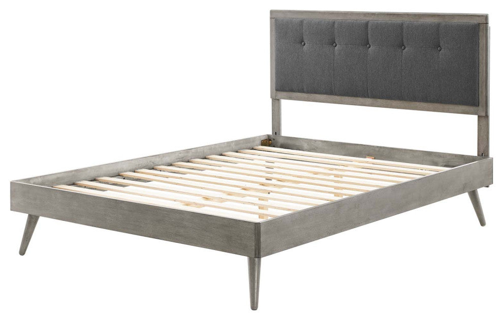 Platform Bed Frame, Queen Size, Fabric, Wood, Gray, Modern Mid-Century