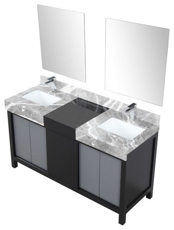 Zilara 60" Black and Grey Double Vanity Set, Monte Chrome Faucet Set