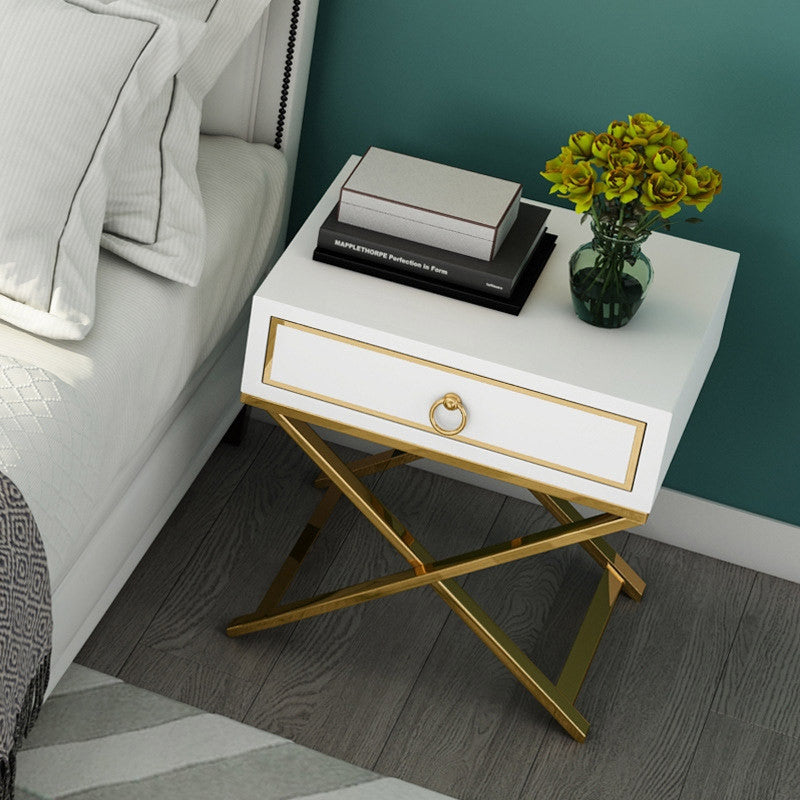White Nightstand with Drawer Bedside Table with X-Shaped Stainless Steel Base, White