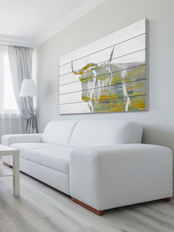 "Yellow Steer" Painting Print on White Wood, 18"x12"