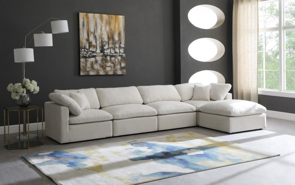 Plush Velvet / Down Standard Comfort L-Shaped Modular Sectional, Cream, 5-Piece: 2 Armless Chair, 2 Corner Chair, 1 Ottoman