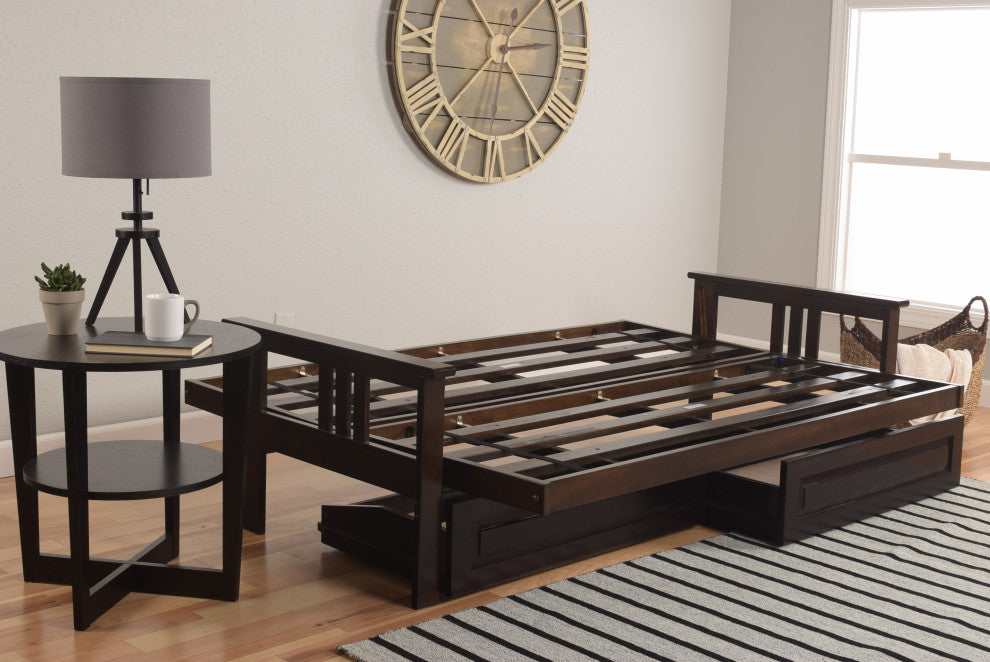 Caleb Frame Futon With Espresso Finish, Storage Drawers, Oregon Trail Java
