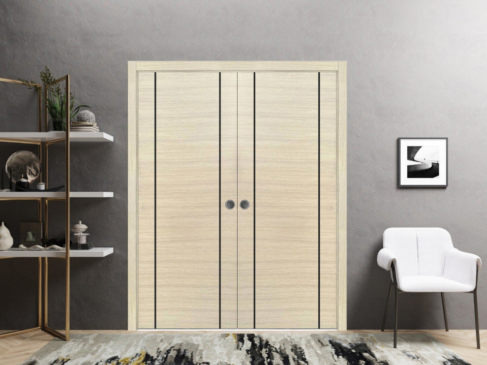 French Double Pocket Doors 48x80 | Planum 0017 Natural Veneer | Kit Trims Rail