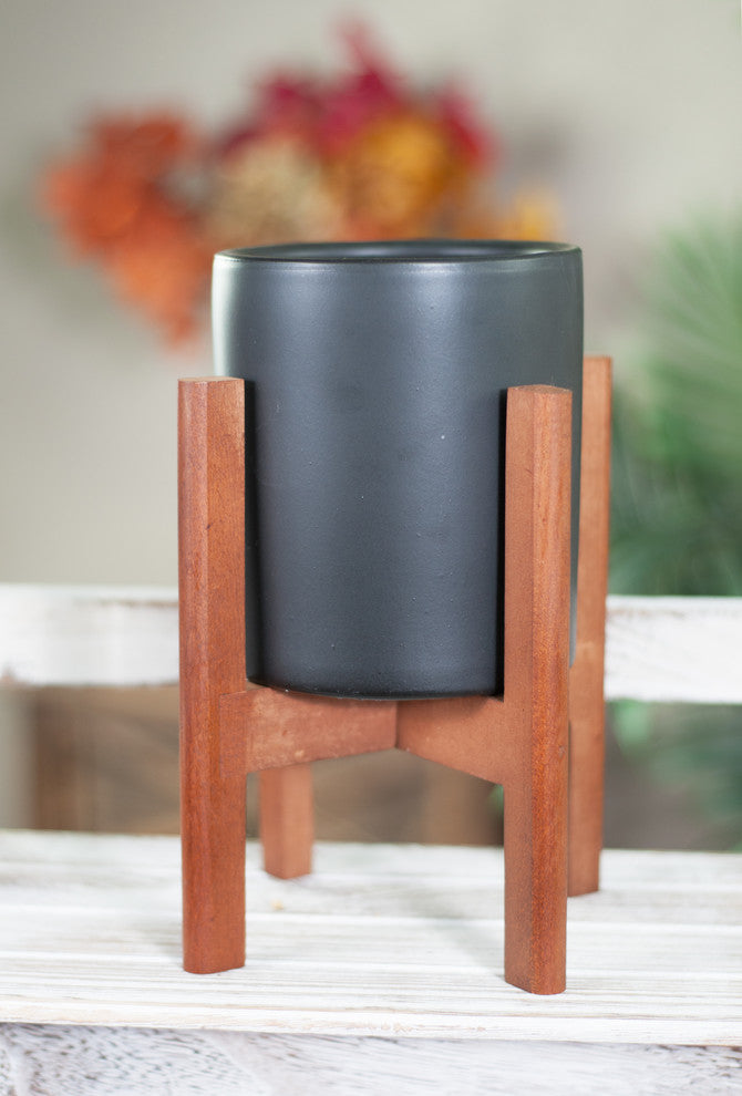 Modern Ceramic Cylinder Pot 5'' Black With Wood Plant Stand Walnut Color