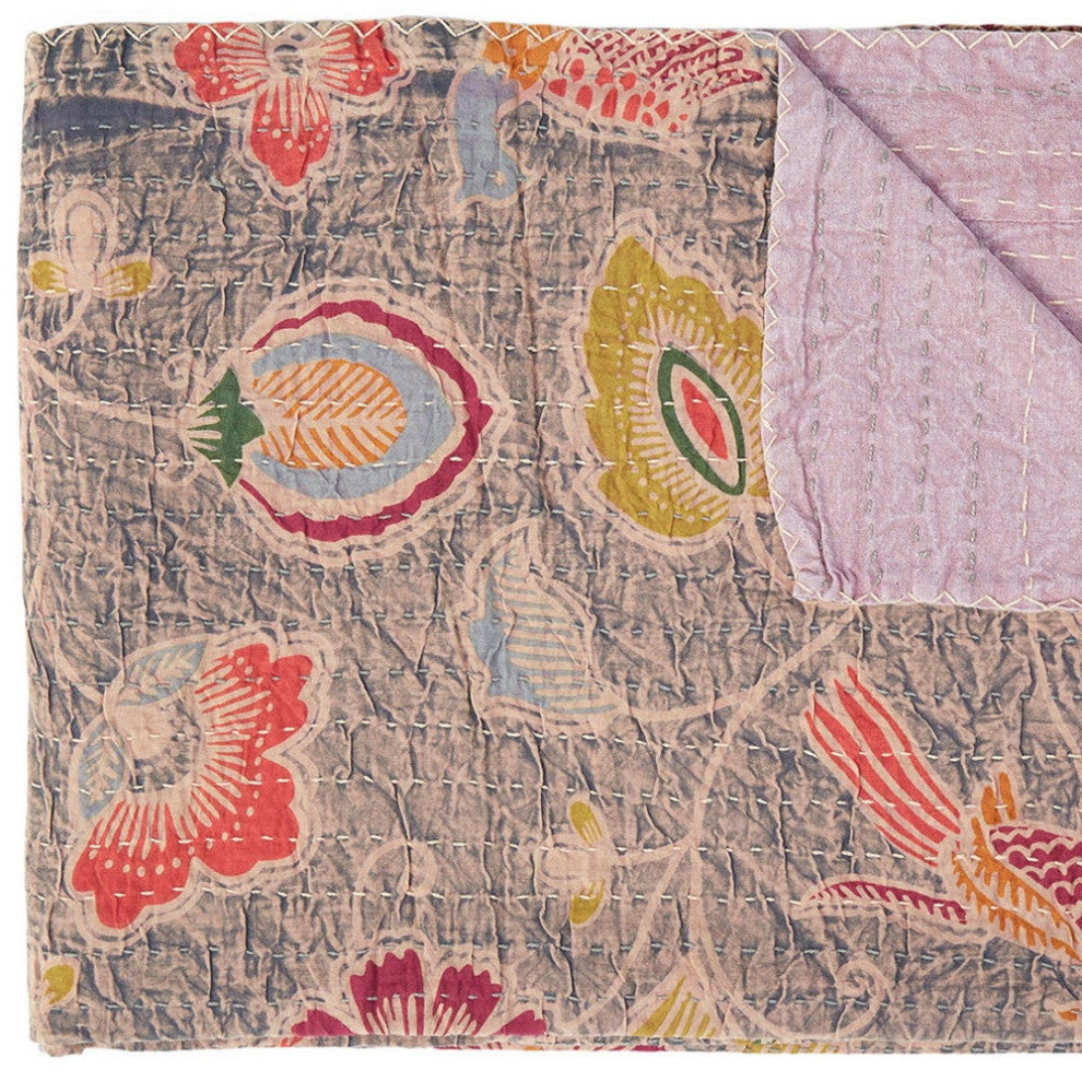 50"x70" Gray and Pink Kantha Cotton Floral Throw Blanket With Embroidery