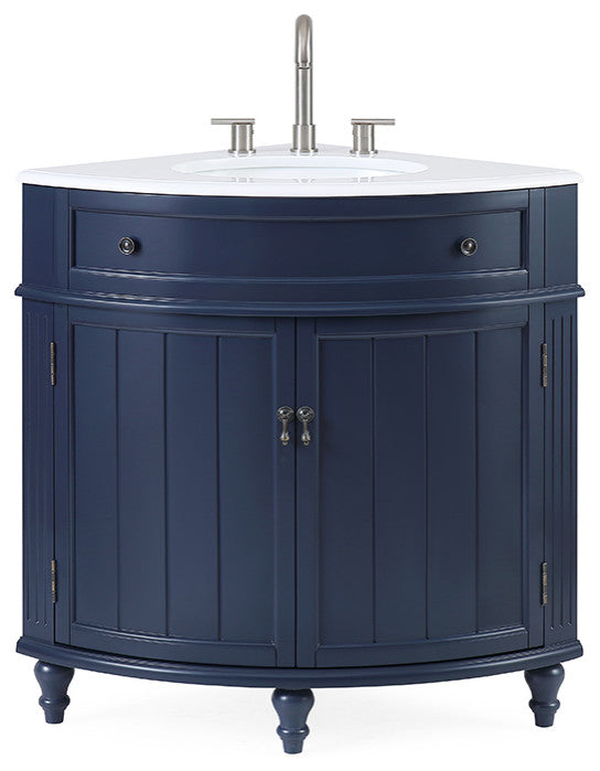 24 Inch Triadsville Grey Corner Design Bathroom Vanity With Quartz Top, Navy Blue