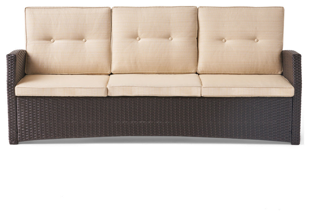 GDF Studio Amigo Outdoor 3-Seater Wicker Sofa With Beige Cushions, Dark Brown/Be