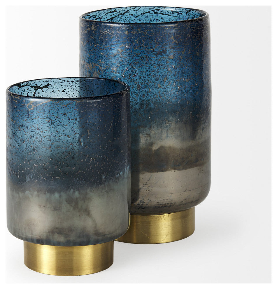 8" Artisan Blue and Gold Metallic Flat Bottom Vase