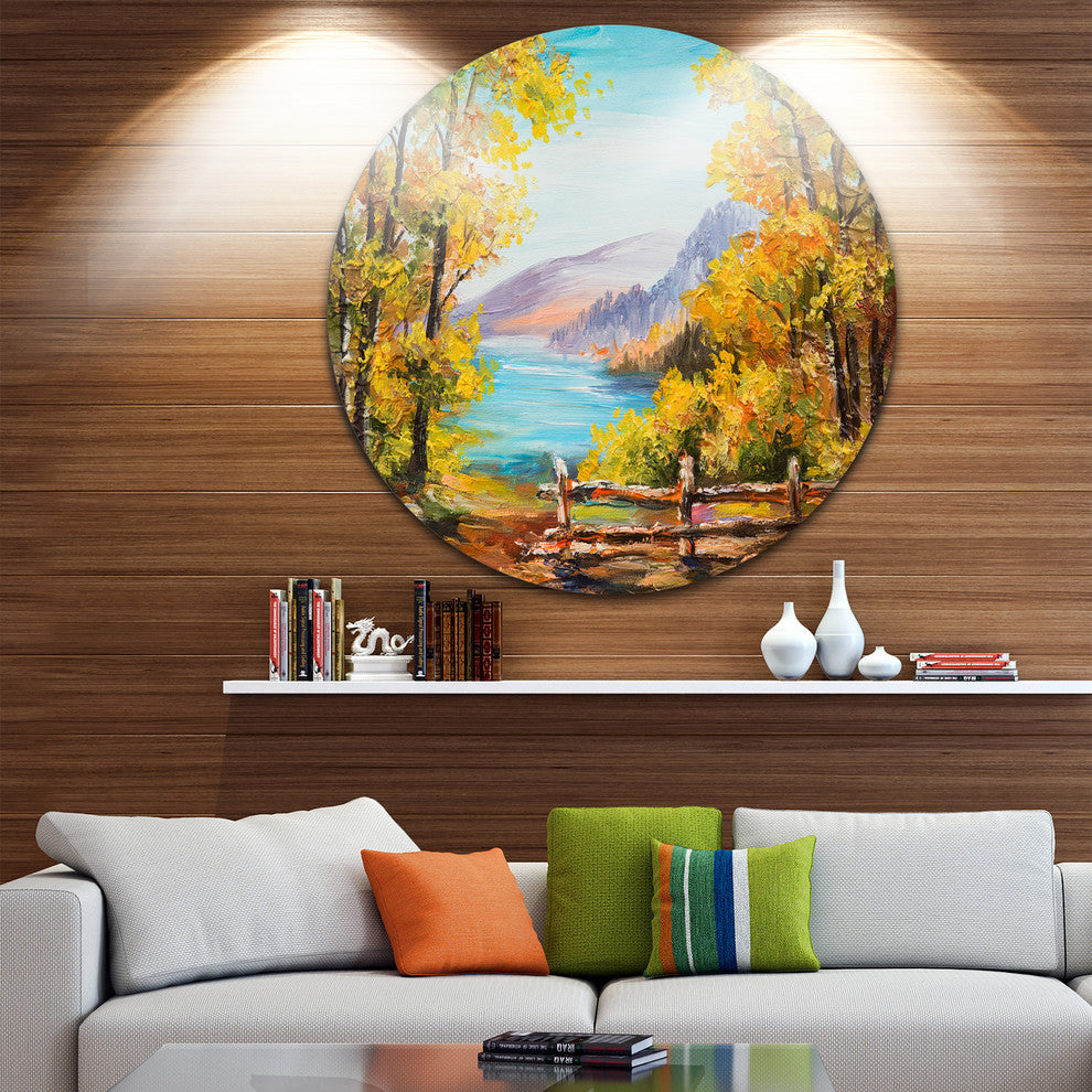Mountain Lake In The Fall, Landscape Disc Metal Artwork, 11"