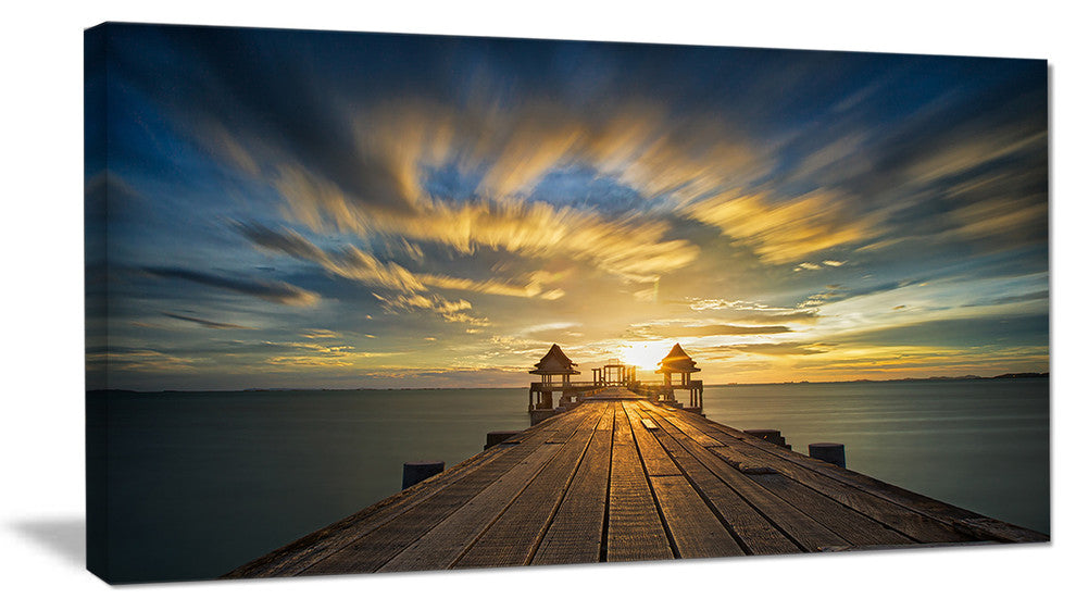 "Wooden Bridge Under Dramatic Sky" Sea Pier and Bridge Wall Art Canvas, 40"x20"