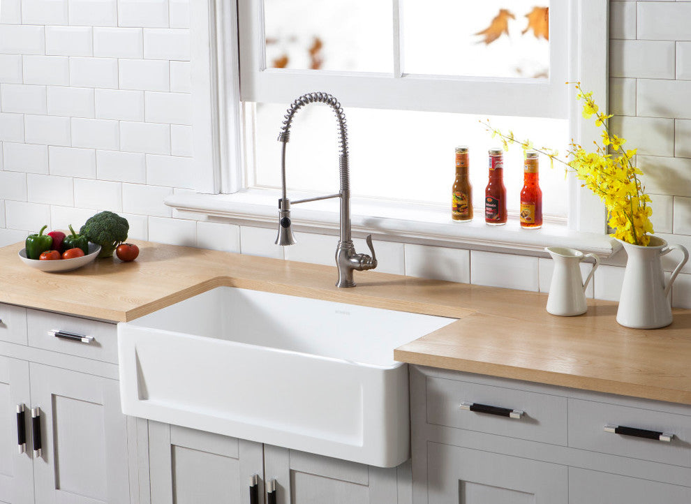 Solid Surface White Stone Front Farmhouse Single Bowl Kitchen Sink, Matte White