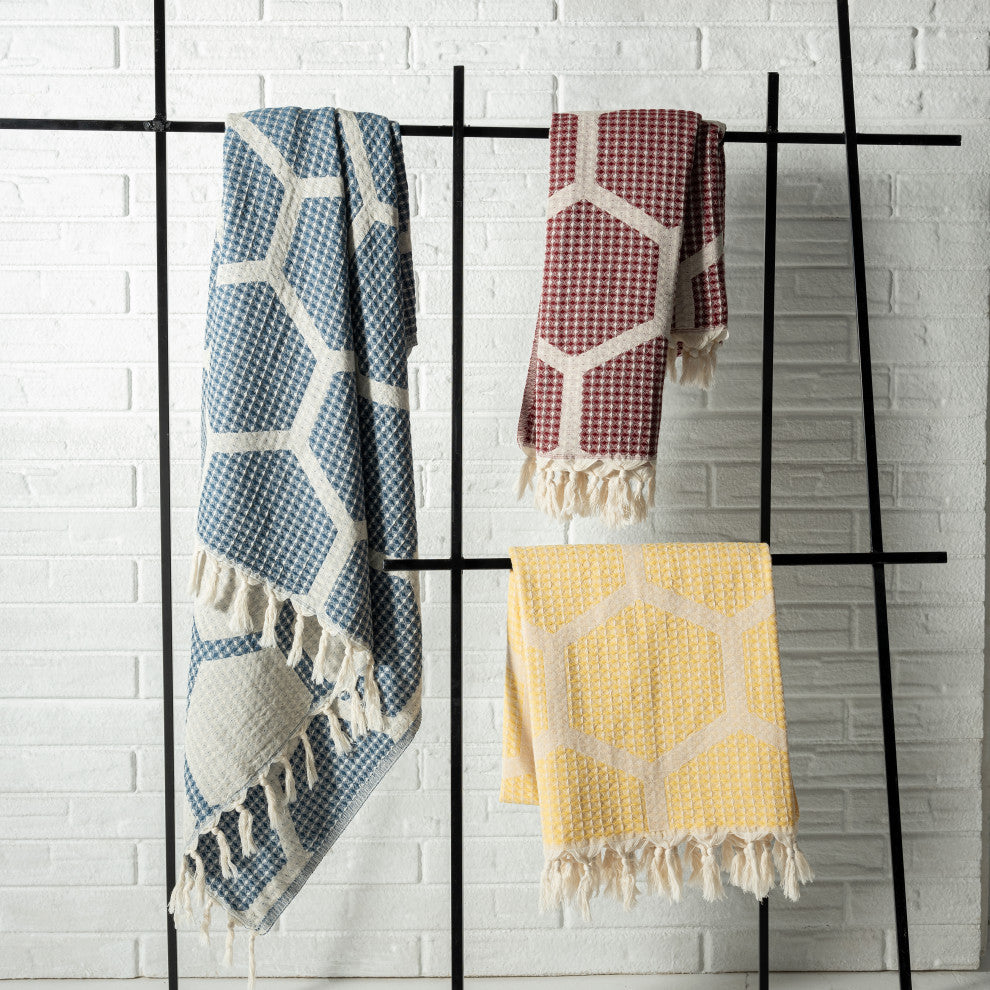 Blue/ Cream Geometric Turkish Organic Cotton Throw Blanket, Red