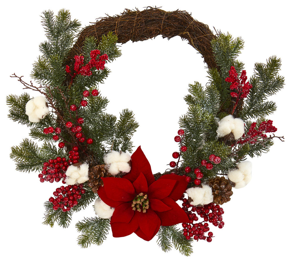 19" Poinsettia With Berries and Cotton Artificial Wreath