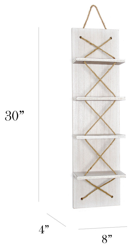 Positano Nautical Rope 4 Bottle Vertical Wall Mounted Wood Wine Rack, White Wash