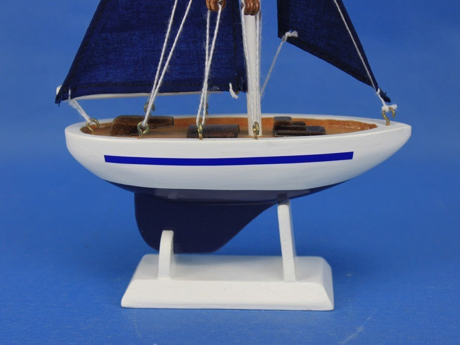 Wooden Pacific Sailer With Blue Sails Model Sailboat Decoration, Blue, 9"