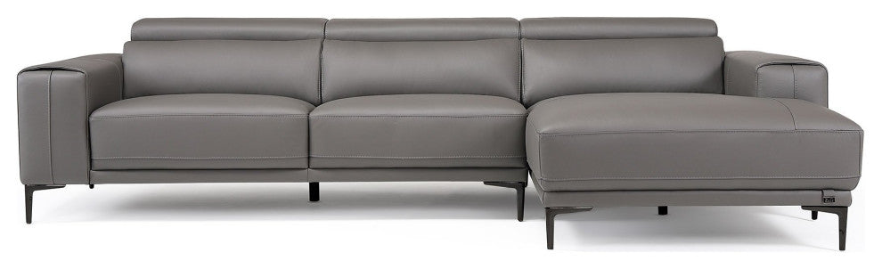Rousso Slate Leather Sectional With Ratcheting Headrests, Right Chaise