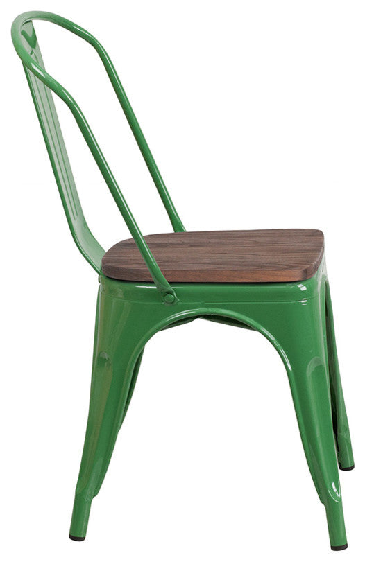 Green Metal Stackable Chair With Wood Seat
