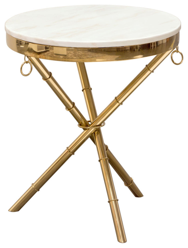 Reed Round Accent Table With Marble Top, Gold